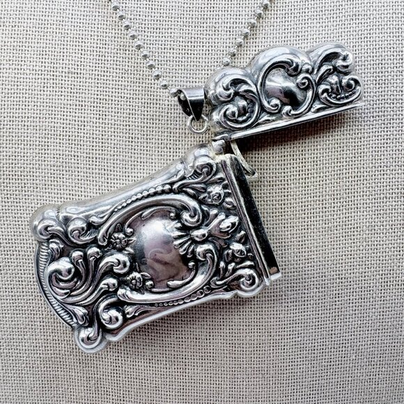 Antique Sterling Silver Repoussé Scroll Design Match Box Pendant 30" Ball & Pin - Picture 5 of 16